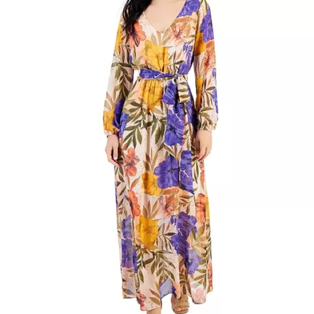 Anne Klein Belted Floral Maxi Dress Belt 16 NWT Long Sleeve Coral Punch Multi